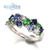 14K White Gold Ring with Sapphires, Tsavorite Garnets and Diamonds